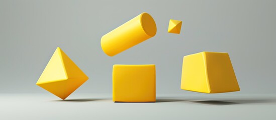 A collection of three dimensional yellow geometric shapes set against a gray background Basic shapes The cube balances on one edge of the triangle while the cylinder floats above. Copy space image