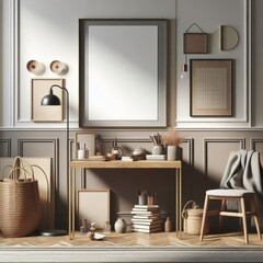 Poster frame mockup in home interior with old retro furniture, 3d render
