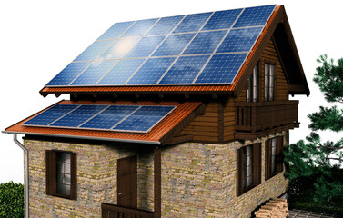 Fototapeta premium 3D-Illustration, Einfamilienhaus mit Solar, Photovoltaik auf dem Dach als Selbstversorgung mit Ökostrom, isoliert auf transparentem Hintergrund
