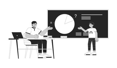 Teacher and student solving math task together black and white 2D line cartoon characters. Tutor and child at lesson isolated vector outline people. Education monochromatic flat spot illustration