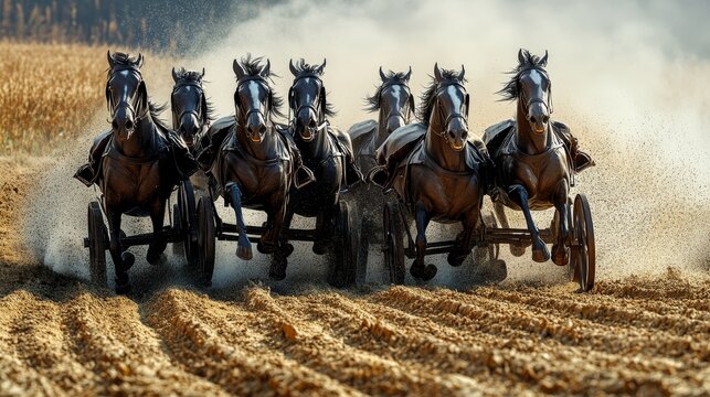 Six powerful horses pull a carriage through a field, kicking up dust as they race forward.