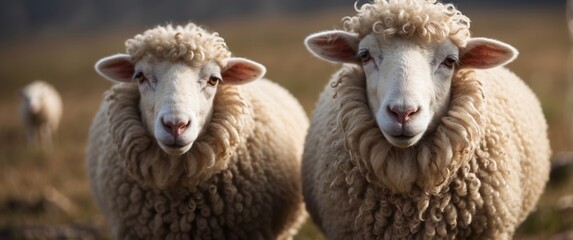 Obraz premium Two Sheep with Curly Fleece Standing in a Field