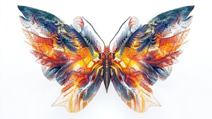 Stunning abstract fractal wings of insects in vibrant colors, symmetrically arranged on a white background, with intricate details