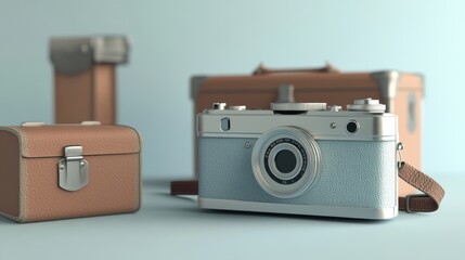 Vintage camera with two leather cases on a light blue background.