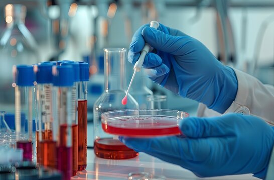 hands in blue gloves holding an open petri dish with red liquid while using a swab, test tubes filled with colorful liquids in a laboratory setting, scientific research and laboratory work