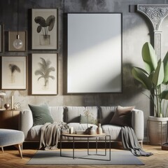 Poster frame mockup in home interior with old retro furniture, 3d render

