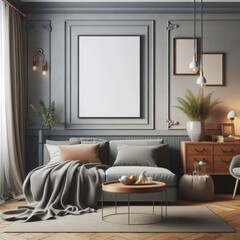 Poster frame mockup in home interior with old retro furniture, 3d render
