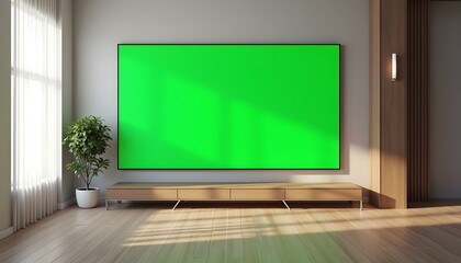 Smart Tv Mockup with blank green screen hanging in modern white empty room interior minimal designs, Mock up interior TV with empty green screen