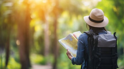 Rear view of a woman in a hat with a backpack looking at a map in the forest.
