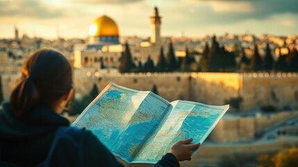 A tourist looks at a map with the Dome of the Rock and the Old City of Jerusalem in the background.