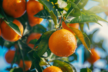 Harvest of oranges on a branch in the garden, agribusiness business concept, organic healthy food and non-GMO fruits with copy space
