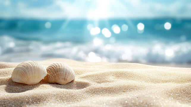 Two seashells rest on a sunlit sandy beach, casting soft shadows. The shells' textured surfaces contrast against the smooth, warm sand, creating a serene and tranquil seaside scene