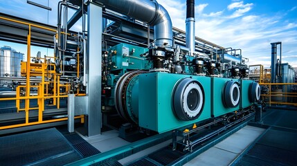 A large industrial building with a large blue tank in the middle. The tank is surrounded by pipes and valves