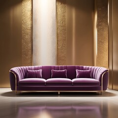 home interior with purple sofa and golden textured wall .