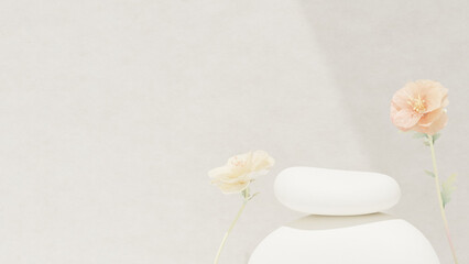 Background featuring an empty product display mockup with a beige backdrop and abstract geometric platforms designed for showcasing merchandise in landscape orientation.