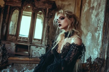 Fototapeta premium Gothic Halloween Fashion Editorial with Dark Lace and Dramatic Makeup