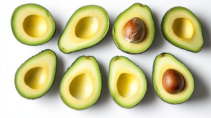 Neatly halved avocados displayed in rows on a white surface, with some avocados retaining their pits. The vibrant green and yellow colors highlight their freshness.