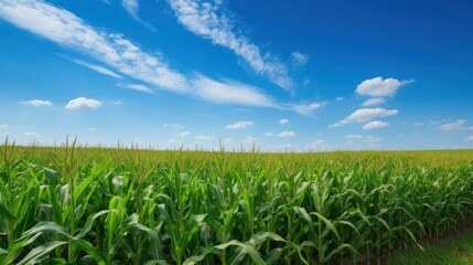 Obraz premium The corn is at its full height. ready to harvest bright blue sky