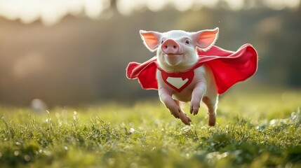 A joyful piglet dressed as a superhero with a red cape, running energetically across a grassy field, embodying pure fun, freedom, and excitement.