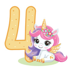 Cute unicorn with pink and golden number 4 isolated on white background. Happy Birthday concept. Vector illustration in flat cartoon style