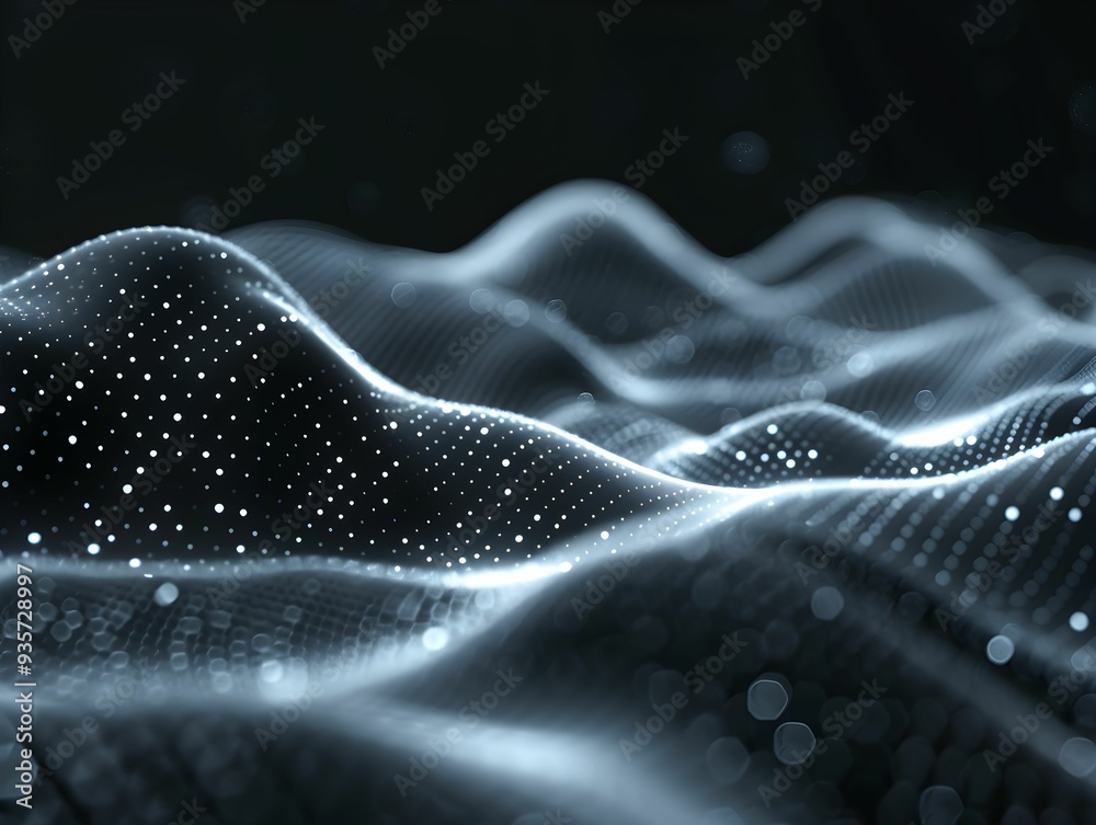 Poster a mesmerizing landscape of glowing waves created by floating particles against a dark backdrop in an
