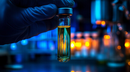 hand holding a vaccine vial filled with clear fluid, symbolizing medical advancements and public health efforts. The blurred background emphasizes the vial's importance