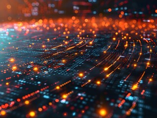 Bright digital data flow with glowing particles illustrating technology in a vibrant city landscape at night