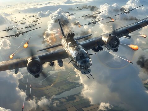 B-17 bombers engage in aerial combat above a dramatic landscape filled with clouds and explosions during World War II