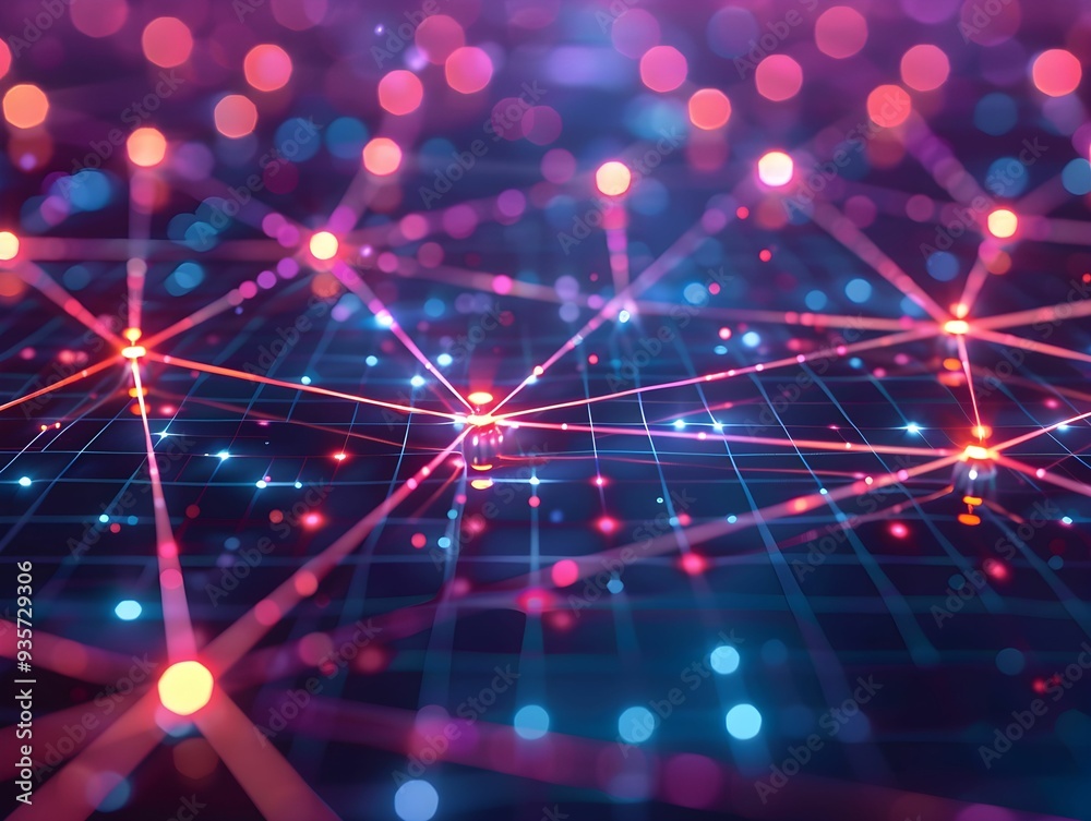 Poster colorful abstract digital network design with glowing nodes and interconnected lines on a dark backg