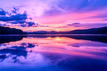 A vivid purple and pink sunset reflects on perfectly still water, showcasing vibrant colors and creating a peaceful and tranquil scene with trees along the shoreline.