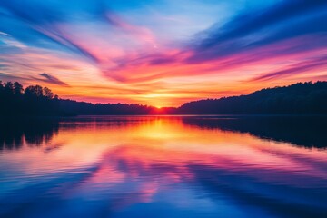 Obraz premium Breathtaking view of a vivid sunset over a tranquil lake, featuring a colorful sky filled with shades of pink, purple, and orange, reflecting perfectly on the water.