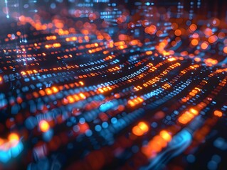 Digital abstract pattern of flowing binary codes illuminated by glowing orange and blue lights in a futuristic setting