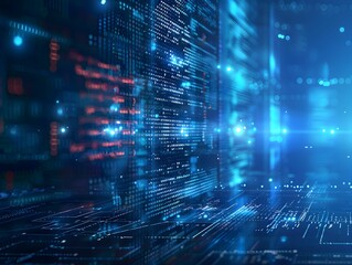 Abstract digital data flow with bright blue light in a futuristic cyber environment at dusk