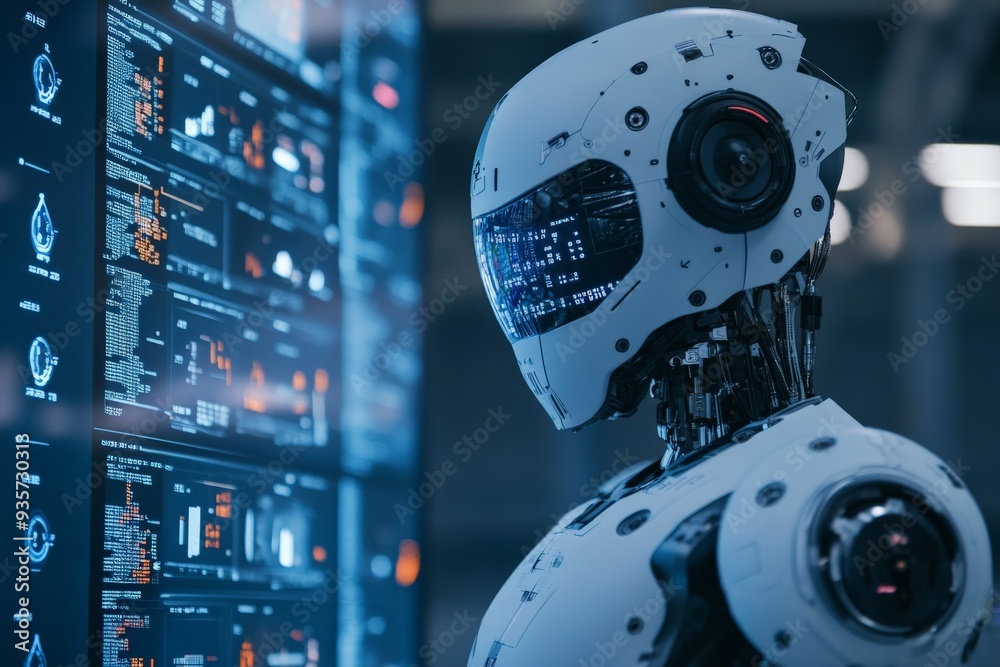 Fototapete A sophisticated AI robot is shown conducting complex data analysis on a large display screen, epitomizing the integration of cutting-edge technology and data science in the modern world.