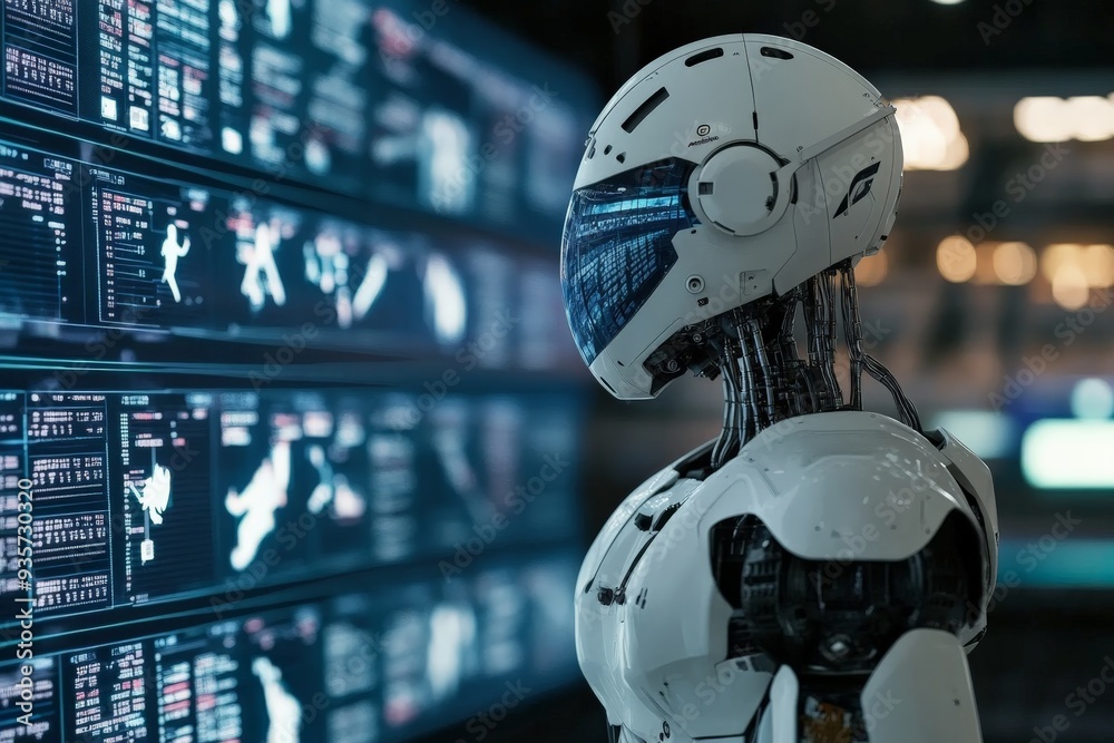 Leinwandbilder A futuristic AI robot is deeply engaged in analyzing data from a series of screens displaying complex information on a wall, depicting the essence of modern data science and technological progress.