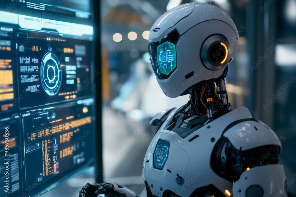 Poster A cutting-edge robot is deeply engaged in analyzing intricate data on a high-tech digital screen, showcasing the abilities of artificial intelligence in data analysis.