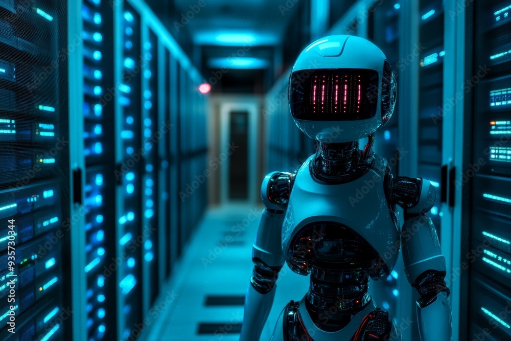 Fototapete A futuristic AI robot ensuring optimal operation within a blue-lit server room, representing the blend of artificial intelligence and advanced technology in maintaining seamless digital environments.