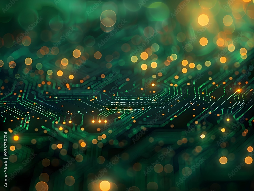 Poster abstract close-up of a circuit board with glowing connections and subtle bokeh effects in a dark set