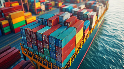 Fototapeta premium Vibrant cargo containers stacked on a shipping vessel. Aerial view highlights shipping efficiency and logistics operations.
