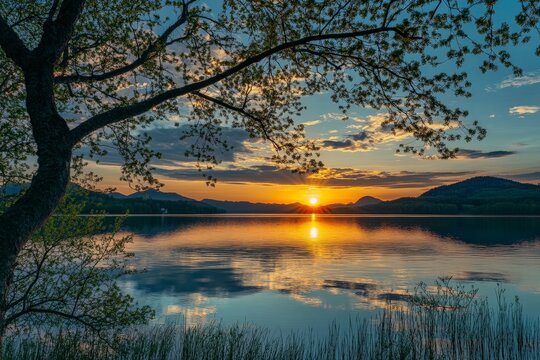 A serene lake landscape with a glowing sunset, the sun casting a golden hue over the water, surrounded by silhouetted trees and a tranquil ambiance.