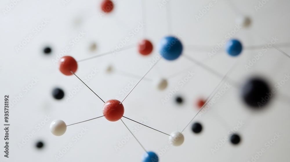Aufkleber Colorful molecular model representation demonstrating the connections and relationships between various atoms or elements, blurred in the background for focus effect.