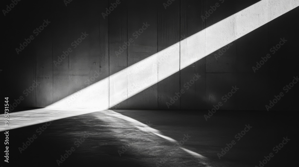 Aufkleber A stark concrete room is intersected by a broad shaft of sunlight, casting geometric patterns of light and shadow, offering a study in contrasts and simplicity.