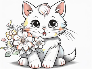 Fototapeta premium Cute cat holding flowers, line art, white background