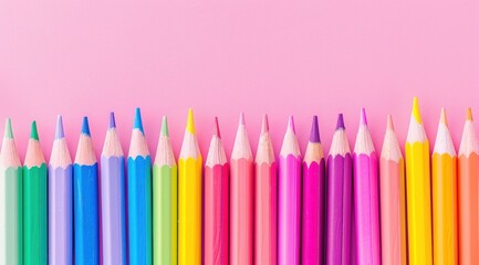 a set of colorful pencils on pink background, pastel color scheme, simple minimalistic