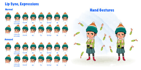 A annoyed girl cartoon character creation set with lip sync and hand gesture. Annoyed girl cartoon character front and 1/3 standing pose.