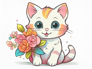 Obraz premium Cute cat holding flowers, line art, white background