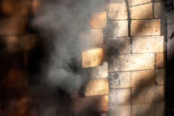 wonderful smoke play ceramic firing kilns, pottery firing, smoke swirls outside the kiln, shadow