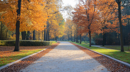 Fototapeta premium Pathway covered with fallen leaves going through autumn park