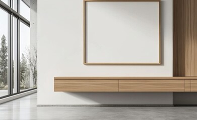 A mockup frame of a white home kitchen interior with shelves and eating area.