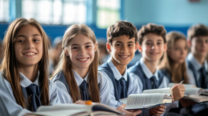 A group of children are sitting in a classroom and smiling